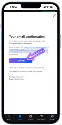 Registration confirmation email from the 1Win website