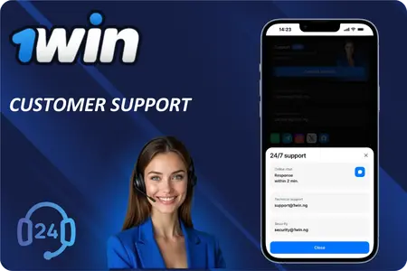 1Win customer support section with live chat and contact options displayed in the mobile interface