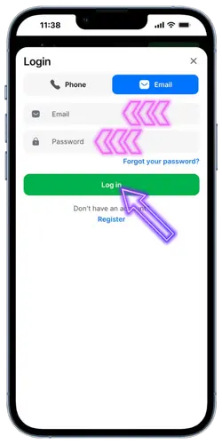 1Win login form showing email and password fields
