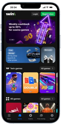 1Win main page where the registration button is selected