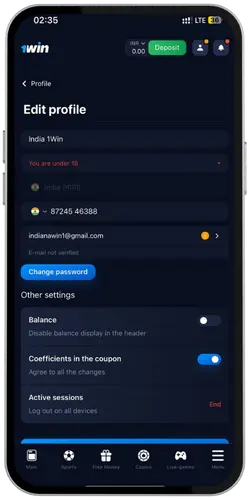 1Win account profile page after successful login